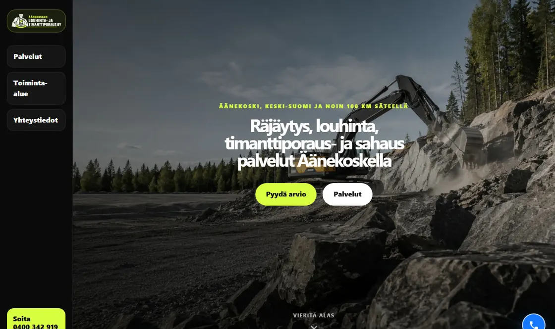 Äänekosken Louhinta- ja Timanttiporaus -verkkosivu läppärillä