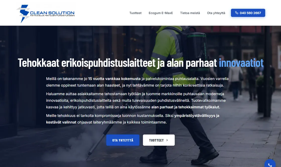 Clean Solution -verkkosivu läppärillä